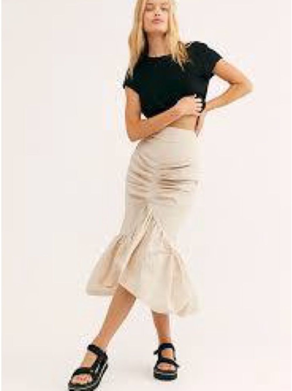 Alice McCall Beige Ruched Flute Midi Skirt Neutral High Rise - Size 0